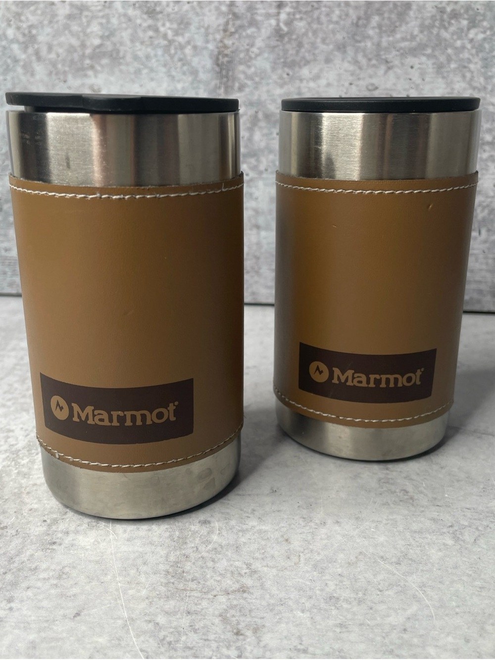 Marmot 2 Small Stainless Steel Coffee Travel Tumblers W Faux Leather Grip 4.5”